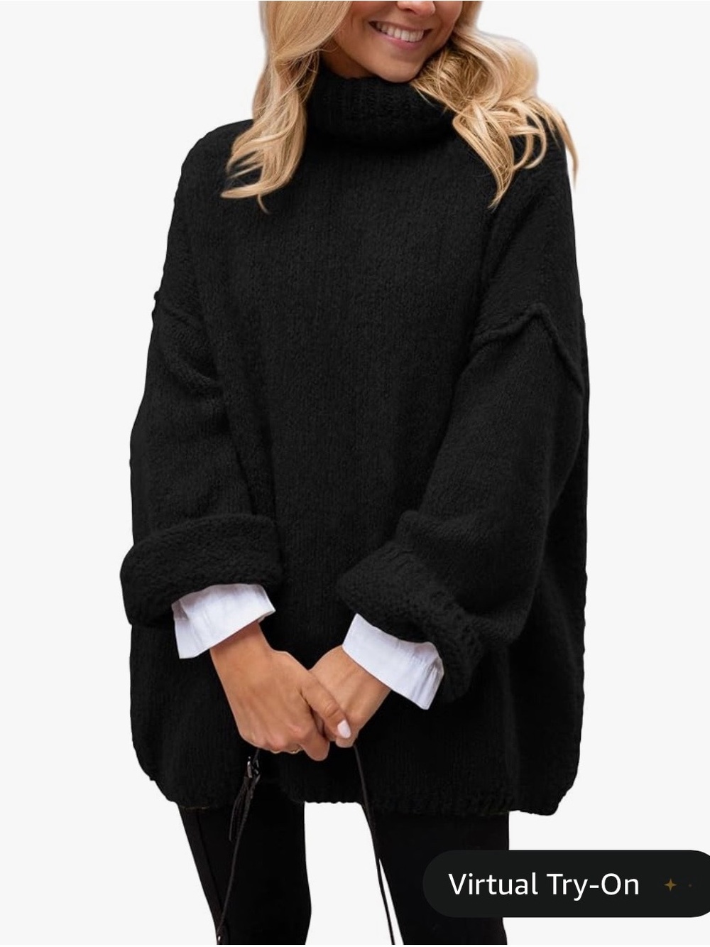 PrettyGarden Oversized Chunky Knit Turtleneck Sweater Black Drop Shoulder L